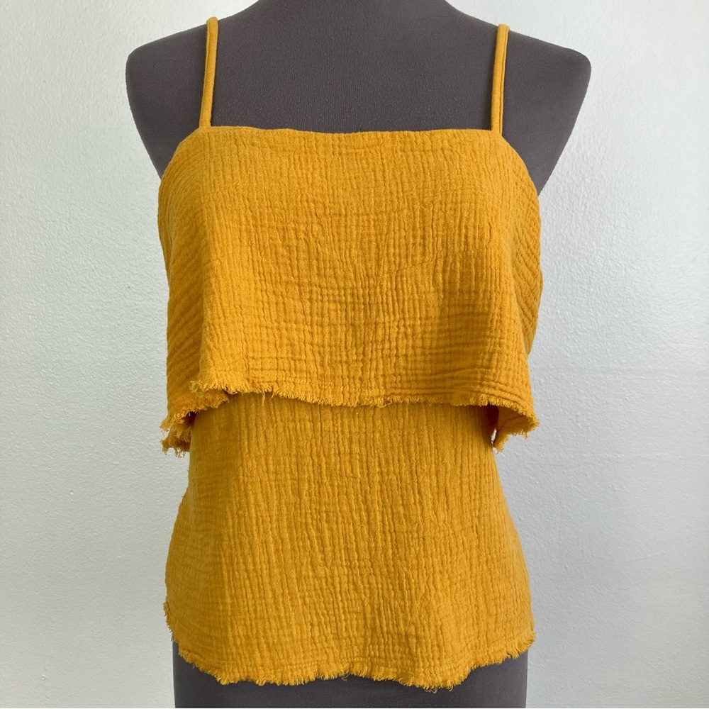 Nation LTD Textured Gauze Cotton Mustard Yellow Boho Raw Hem Cami Pedra Tank XS